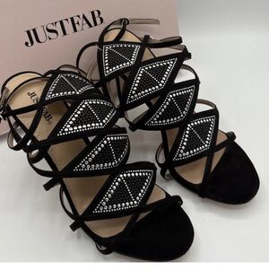 Justfab NIB Chiara Strappy High Heel Shoes Sz 8.5  Black Silver 4 Inch Heel